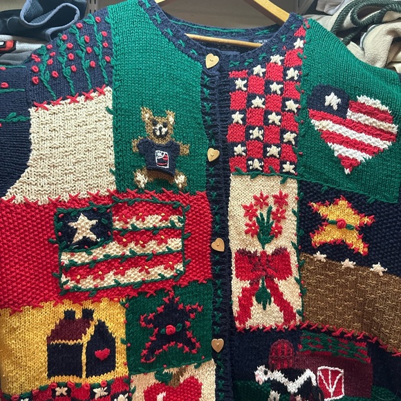 Vintage Eagles Eye Hand Knit USA Holiday Cardigan Sweater Womens XXL - Picture 3 of 8